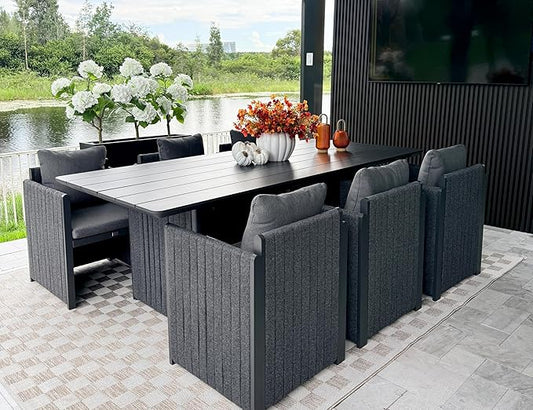 PURPLE LEAF 7 Pieces Patio Dining Set All-Weather Modern Outdoor Furniture Set Aluminum Dining Table and Chairs with Olefin Cushions Pillows for Garden Backyard Kitchen Grey