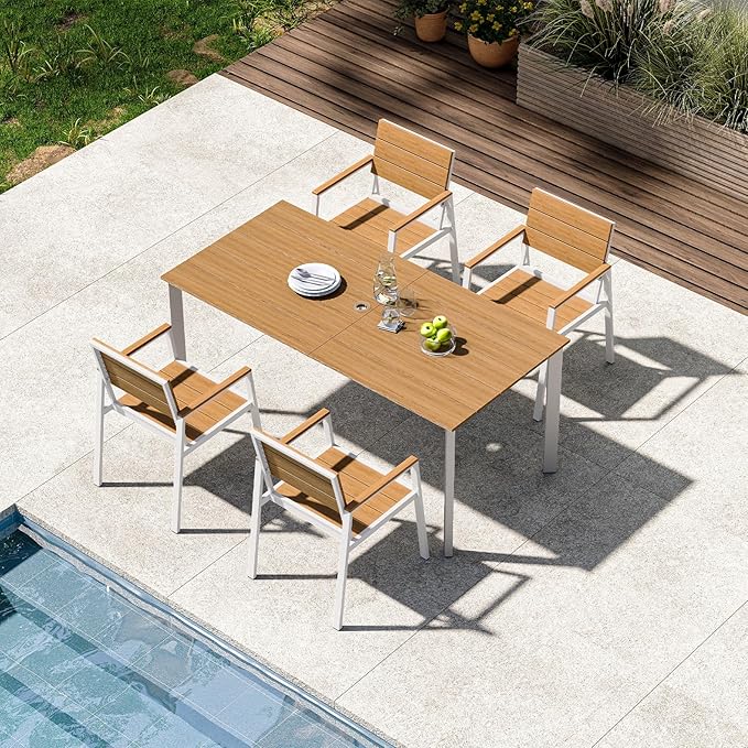 Outdoor Patio Dining Set, Aluminum & HDPE 5 Piece Outdoor Table and Chairs Set with Umbrella Hole, Modren Rectangular Patio Furniture Set with All-Weather Table and 4 Chairs (White & Teak)