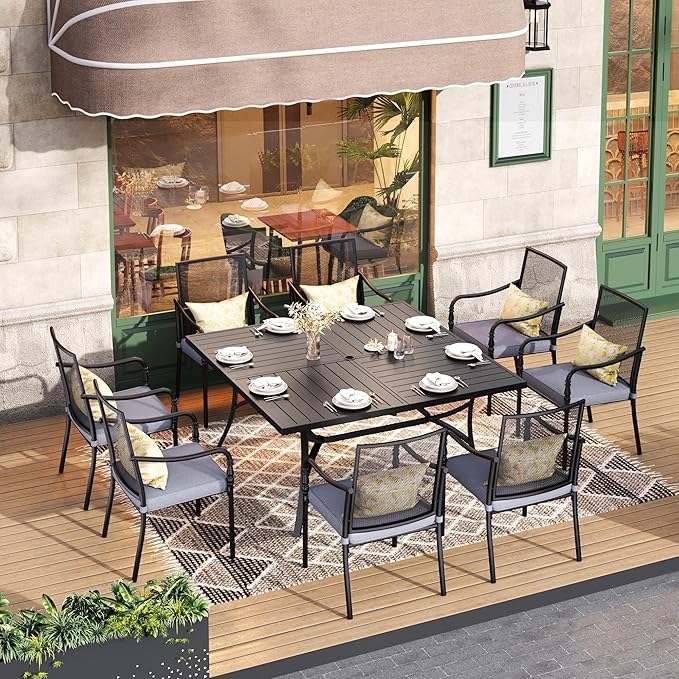 HERA'S HOUSE Metal Patio Table and Chairs Set for 8, Outdoor Dining Set 9 Pieces, 60" Square Table with Cushioned Armrest Chairs for Garden Backyard with Umbrella Hole