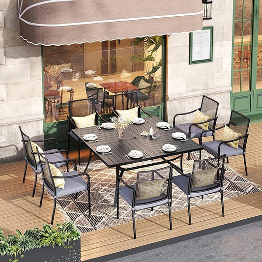 HERA'S HOUSE Metal Patio Table and Chairs Set for 8, Outdoor Dining Set 9 Pieces, 60" Square Table with Cushioned Armrest Chairs for Garden Backyard with Umbrella Hole