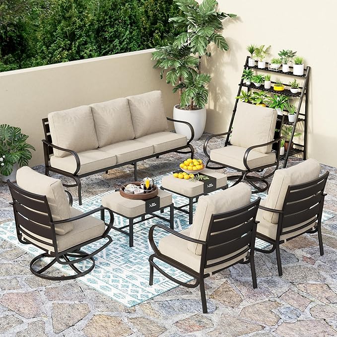 PHI VILLA 7 PCS Patio Furniture Set,Metal Outdoor Furniture with 1x 3 Seater Cushioned Deep Seating Bench Sofa, 2 Swivel Chair, 2 x Leg Chairs & 2 Ottoman,Outdoor Seating for 7 Person
