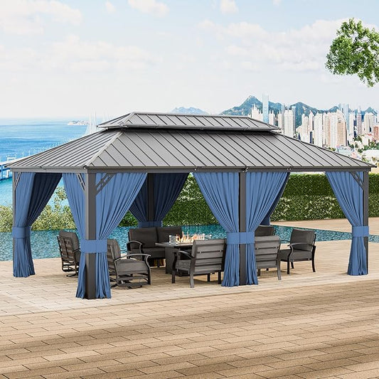 12’x20’ Hardtop Gazebo Outdoor Aluminum Frame Permanent Gazebo Galvanized Steel Double Roof Gazebos with Nettings and Curtains for Patio, Lawns,Backyard, Deck(Navy)