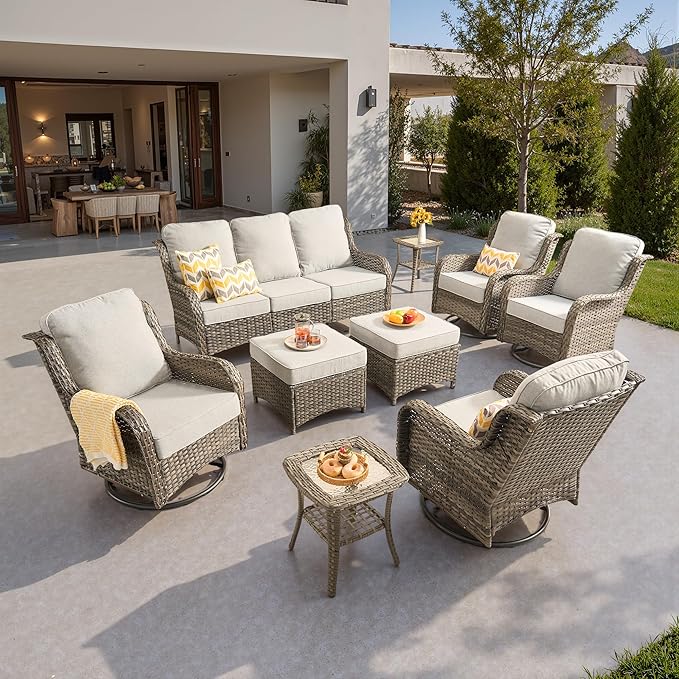 ovios 9 Pieces Patio Furniture Set, Outdoor Wicker Sofa Couch with Swivel Chairs Ottomans Comfy Cushions, High Back All Weather Modern Conversation Sets, Grey Rattan, Grey