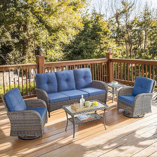 5 Piece Patio Furniture Set - Wicker Patio Conversation Set with Swivel Glider, 3 Seat Sofa, Tempered Glass Side Table and Coffee Table for Deck Backyard - Brown Wicker Blue Cushion