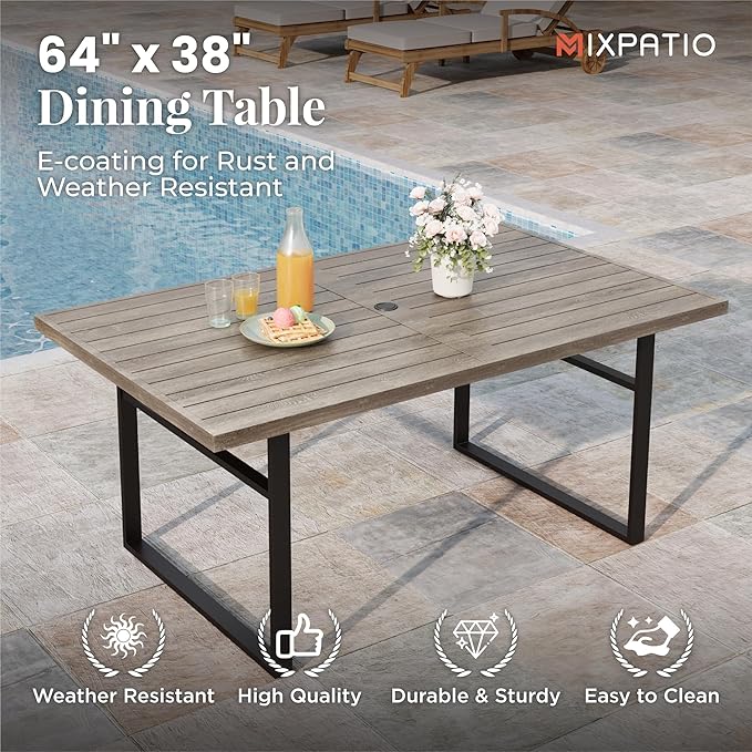 7-Piece Outdoor Dining Set 6 Red Textilene Chairs and Steel Tabletop with Wood Grain Rectangle Table for Deck Garden Backyard Lawn Poolside