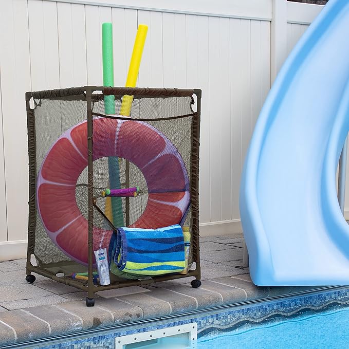 Essentially Yours Rolling Pool Storage Organizer Bin, Medium, (25.4" W x 25.4" L x 40" H), Brown Style 417227