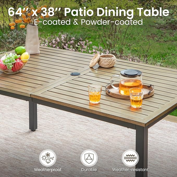 PHI VILLA 7 Pieces Patio Dining Set for 6, 65” Wood-Like Metal Steel Dining Table & Rattan Wicker Chairs with Cushions, Large Dining Furniture Set for Outdoor Deck, Yard, Porch
