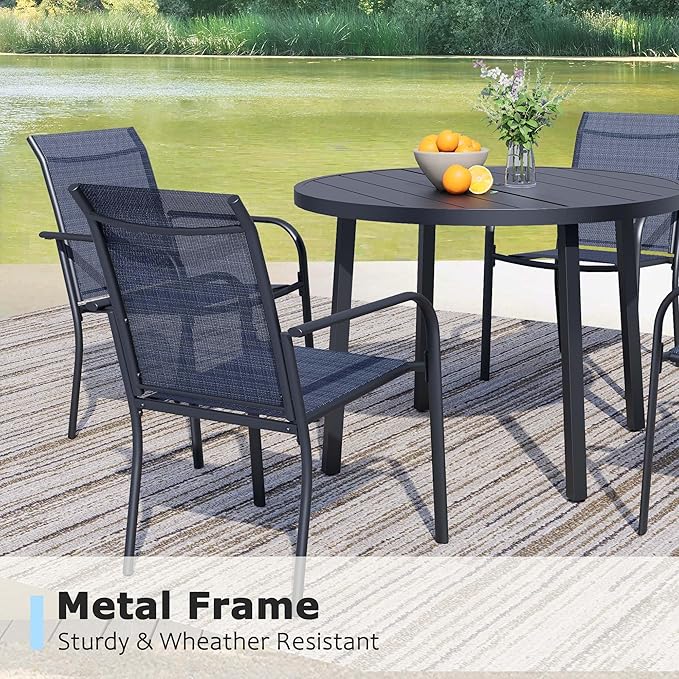 7 Pieces Round Dining Table Set for 6, Patio Dining Set Includes 6 Dark Blue Stackable Patio Chairs and 1 Black Round Table Set of 6, Patio Furniture Sets with Sling Support for Outside, Garden