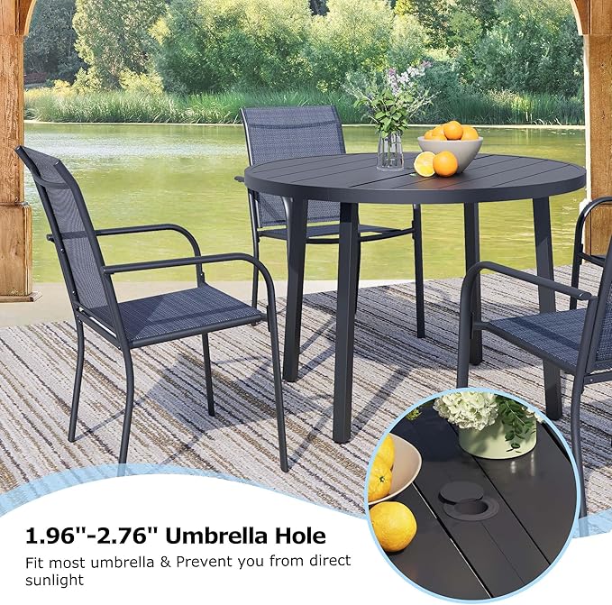 5 Pieces Round Dining Table Set for 4, Patio Dining Set Includes 4 Dark Blue Stackable Patio Chairs and 1 Black Round Table, Patio Furniture Setss with Sling Support for Outside, Garden