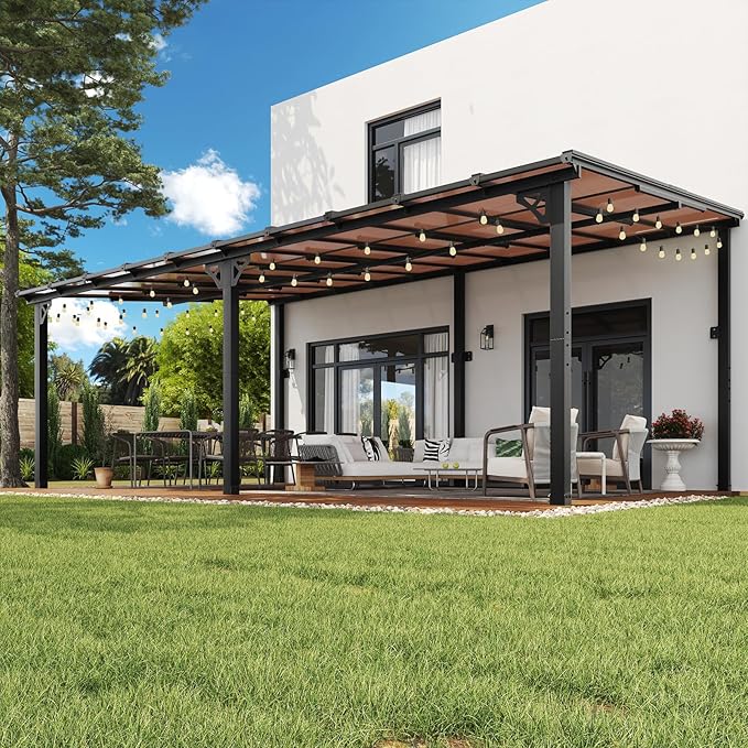 10x20FT Lean to Gazebo, Hardtop Metal Pergola with Polycarbonate Roof, Large Wall Mounted Heavy Duty Awnings, Patio Canopy for Backyard, Deck, Porch （Black）
