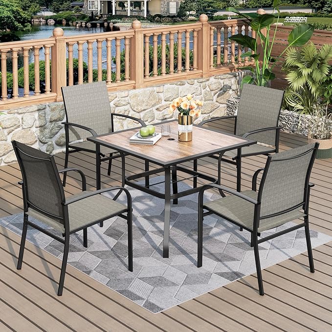 5 Pieces Patio Table and Chairs Set, 4 Person Outdoor Dining Furniture Set, 4 Brown Textilene Chairs and 37" Wood-Like Table Top Table with Umbrella Hole, for Deck Backyard Lawn