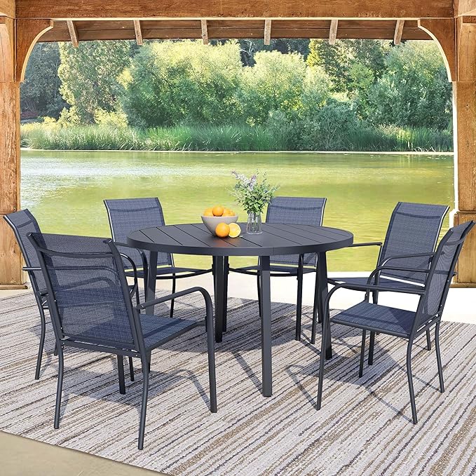 7 Pieces Round Dining Table Set for 6, Patio Dining Set Includes 6 Dark Blue Stackable Patio Chairs and 1 Black Round Table Set of 6, Patio Furniture Sets with Sling Support for Outside, Garden