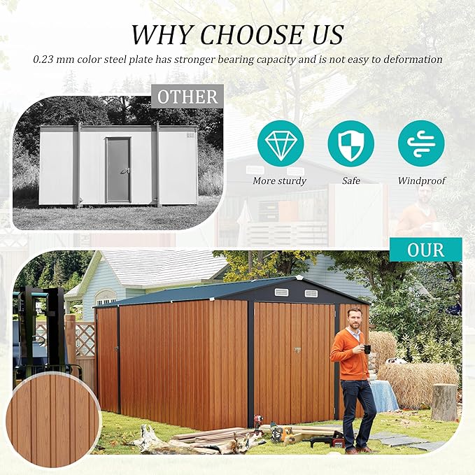 9x11 FT Outdoor Metal Storage Shed with Lockable Door, Steel Garden Utility Shed with Vents, Backyard Patio Tool Shed for Lawn Equipment, Bike, Firewood and Mower Storage, Brown