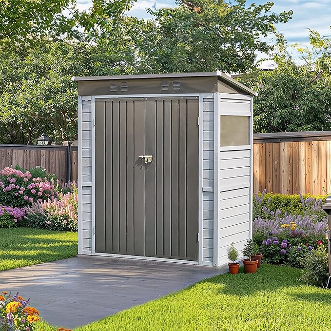 5x3 FT Outdoor Storage Shed with Windows, Wood & Metal Tool Shed Waterproof Storage House for Outside Patio, Garden, Backyard, 4 Vents,Gray (Without Floor)