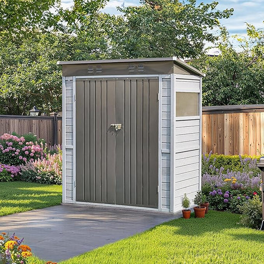 5x3 FT Outdoor Storage Shed with Windows, Wood & Metal Tool Shed Waterproof Storage House for Outside Patio, Garden, Backyard, 4 Vents,Gray (Without Floor)