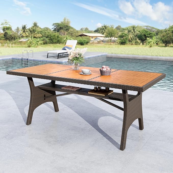 MFSTUDIO Acacia Wood Outdoor Dining Table, 75’’ Rectangular Dining Table for 6-8 with Storage Space, Metal & Wicker Frame and Adjustable Foot Pads, Patio Table for Deck, Backyard