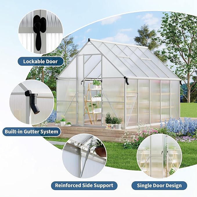 8X10 ft Polycarbonate Greenhouse with Aluminum Frame, Polycarbonate Greenhouse for Outdoors, Greenhouses with Ventilation and Rain Gutter, Aluminum Large Walk-in Greenhouses for Outside