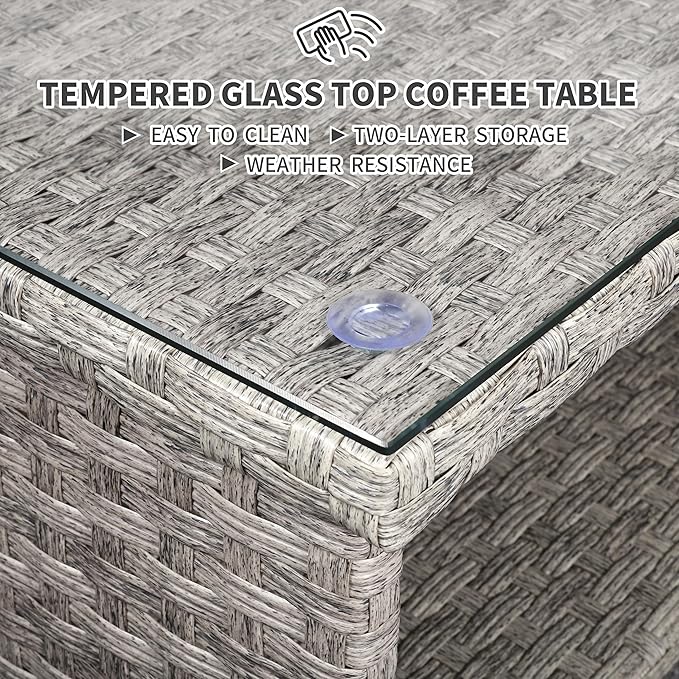 WAROOM Outdoor PE Wicker Coffee Table - Patio Rattan Garden Side End Tea Table with Glass Top Furniture, Grey