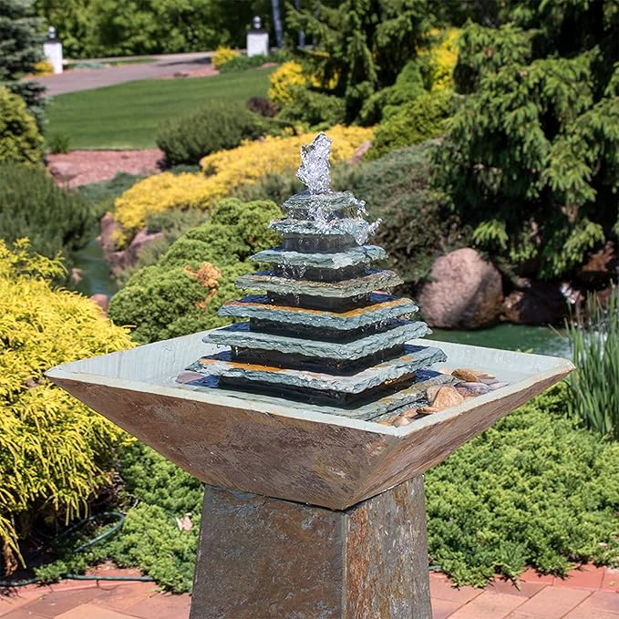 Sunnydaze 40-Inch Slate Outdoor Water Fountain - Layered Pyramid Outdoor Water Feature with LED Lights for Patio, Deck, Garden