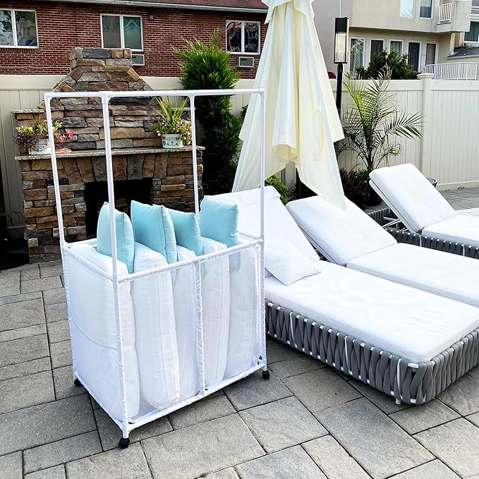 Essentially Yours Pool Equipment Holder with Towel Drying Bars, Mesh Rolling Pool Storage Organizer Bin, Extra Large with Towel Hanger, (34.5" W x 25" L x 62.6" H), White Style 418566