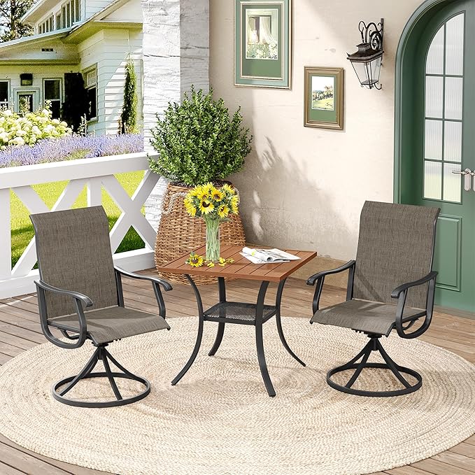 DIFY 3 Pieces Outdoor Patio Dining Set for 2, 27.6" Small Walnut Square Metal Dining Table and 2 Brown Textilene Swivel Dining Chairs, Outdoor Table and Chairs