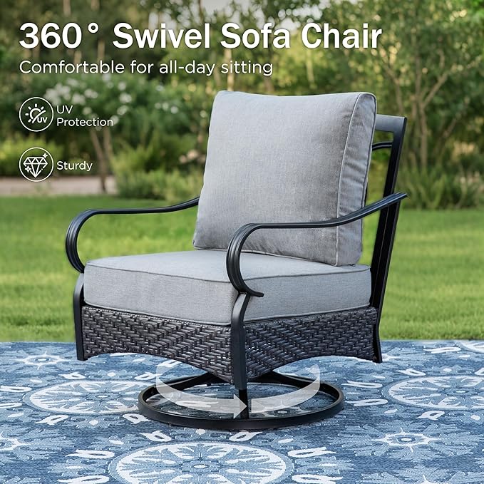 Patio Furniture Set with 56" Fire Pit Table, Premium Outdoor Wicker Metal Frame Furniture with Upgraded Waterproof Thick Cushions for Porch, Poolside, Deck, and Yard