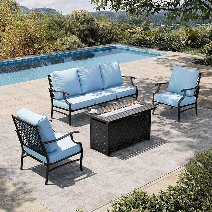 HERA'S HOUSE 4 Pieces Patio Fire Pit Furniture Set, 2 x Single Chair, 3-Seat Sofa with 45" Fire Pit Table, Outdoor Conversation Set for Garden, Poolside, Backyard, Blue