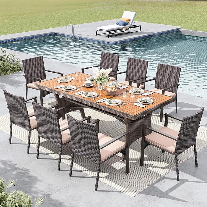 MFSTUDIO Outdoor Dining Sets for 8, 9 Pieces Patio Dining Furniture, 74’’ Rectangular Outdoor Table and Chairs, Acacia Wood Top & Rattan and Metal Frame, Modern Patio Furniture