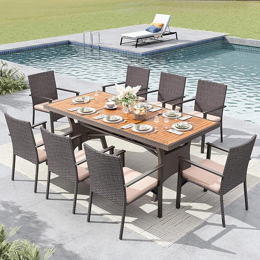 MFSTUDIO Outdoor Dining Sets for 8, 9 Pieces Patio Dining Furniture, 74’’ Rectangular Outdoor Table and Chairs, Acacia Wood Top & Rattan and Metal Frame, Modern Patio Furniture