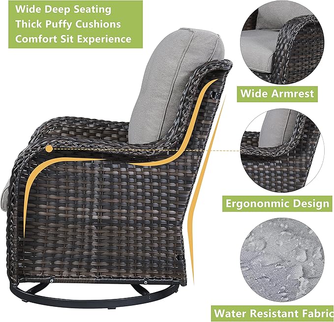 Rilyson 5 Piece Outdoor Patio Furniture Set - Rattan Wicker Patio Conversation Sets with 2 Swivel Rocker Chairs,2 Ottomans and 1 Loveseat for Outside Porch Deck Backyard(Brown/Grey)