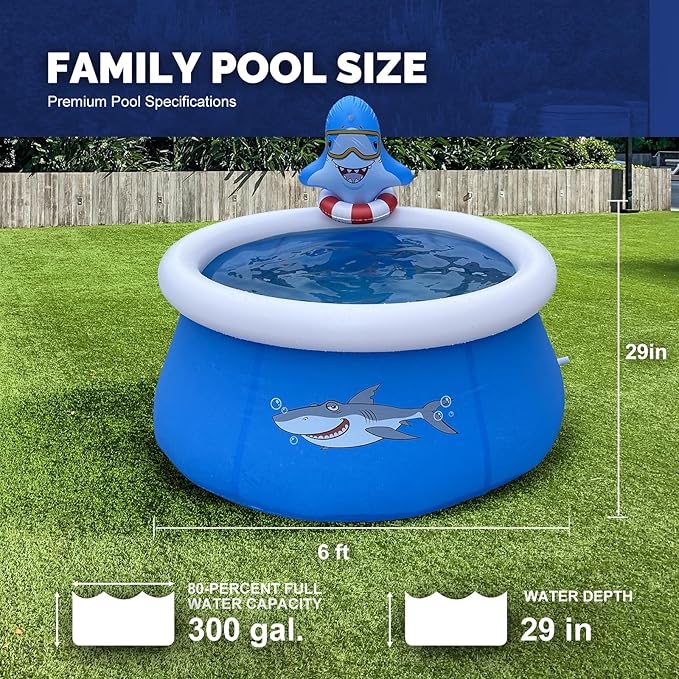 DIMAR GARDEN 6ft x 29in Inflatable Swimming Spray Pool, Outdoor Round Air Top Ring Shark Pools