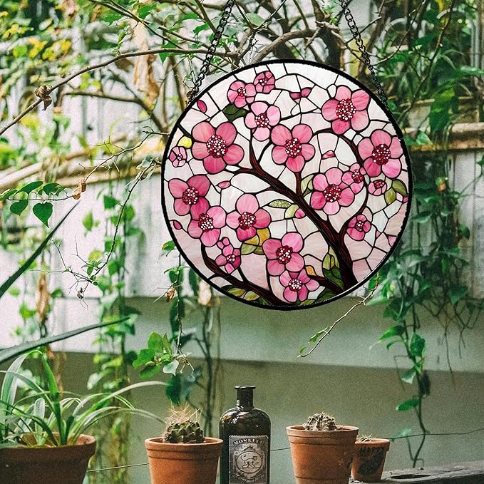 Stained Glass Window Hanging - Cherry Blossoms Birth Flower Suncatcher for Door Garden Patio Sun Catchers Decor Christmas Mother's Day Birthday Gifts for Women Mom Nana Friend Wife 15 in