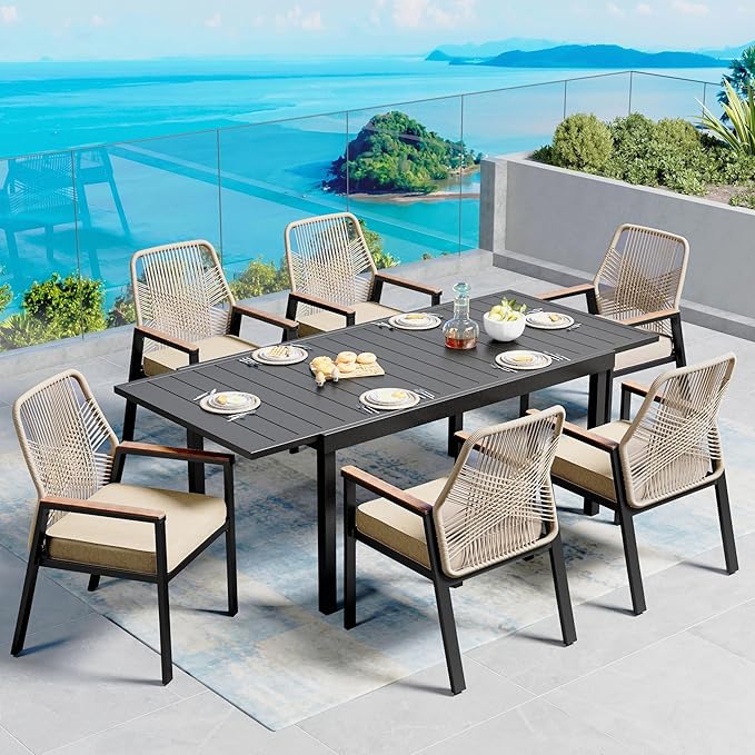 7 Pieces Patio Dining Set, 6 x Woven Rattan Chairs with Waterproof Cushion, 84" Extendable Rectangular Dining Table, Outdoor Table and Chairs Set for Backyard Lawn and Deck, Beige