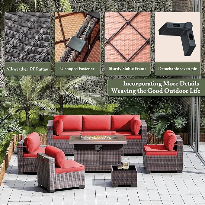 13 Pieces Outdoor Patio Furniture Set with Propane Fire Pit Table Outdoor Furniture Patio Sectional Sofa Conversation Sets w/ETL Approved 43" Gas Outdoor Fire Table & Coffee Table (Red)