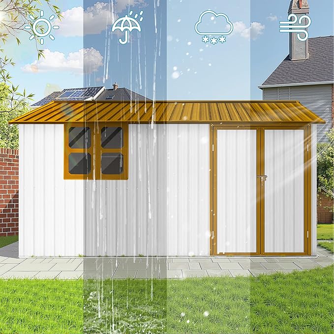 12 ft × 10 ft Sheds & Outdoor Storage Shed Large Classic Apex Roof Metal Garden Storage Sheds with Hinged Door, Window Tool Cabinet for Backyard, Patio, Poolside, Golden Yellow + White