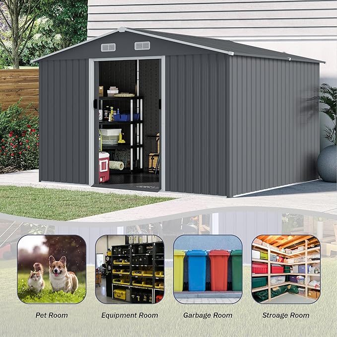 8x10 FT Outdoor Tool Shed, Metal Garden Shed with Sloped Roof, Corrosion-Resistant, UV-Protected Steel Storage for Backyard, Lawn, Garden Tools, Easy Assembly