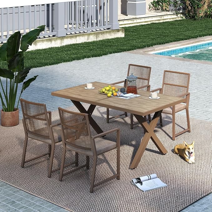 5 Pieces Aluminum Outdoor Dinning Set Featuring 1 Tables and 4 Ratten Chairs Waterproof and Rust-Proof Courtyard Style Table Garden/Balcony/Poolside, Light Brown 5Pcs