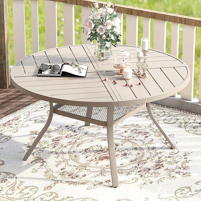 VICLLAX 7 Pieces Patio Dining Set for 6, Outdoor Furniture Set Includes 47.2" Outdoor Round Table and 6 Patio Swivel Chairs for Lawn Garden, Sandshell Color Tabletop and Fabric