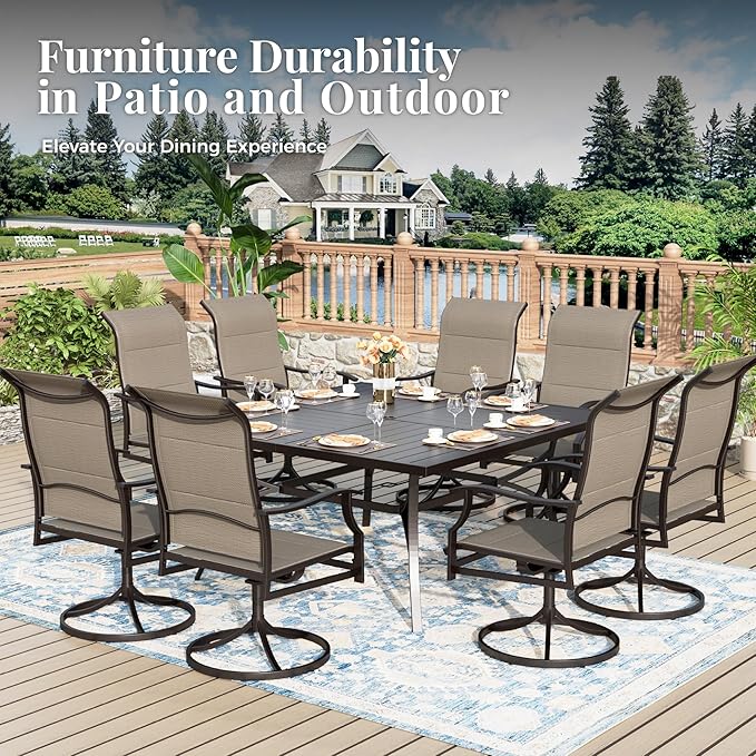 9 Pieces Patio Dining Set, Outdoor Table and Chairs, 8 x Textilene Swivel Dining Chairs and 60" Square Outdoor Dining Table, for Cozy Garden Settings, Grayish Brown