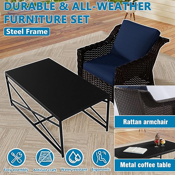 Vista Vibe 5 Pieces Outdoor Rattan Patio Conversation Furniture Set - 4 Wicker Chairs | Steel Coffee Table, Premium & Washable Cushions, Living Room, Poolside (Brown/Navy)