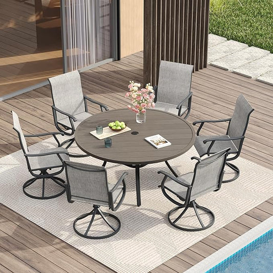 VICLLAX Patio Dining Set for 6, 7 Pieces Outdoor Furniture Includes 53" Round Patio Table with Umbrella Hole and 6 Outdoor Swivel Chairs for Lawn Garden, Grey Wood Grain Tabletop and Grey Fabric