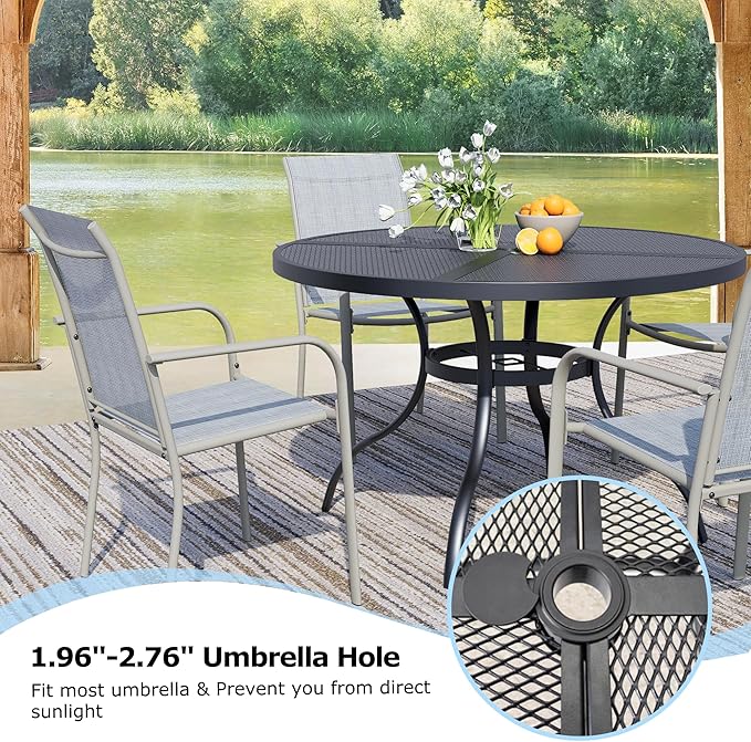5 Pieces Round Dining Table Set for 4, Patio Dining Set Includes 4 Beige Blue Stackable Patio Chairs and 1 Black Mesh Round Table, Patio Furniture Sets with Sling Support for Outside, Garden