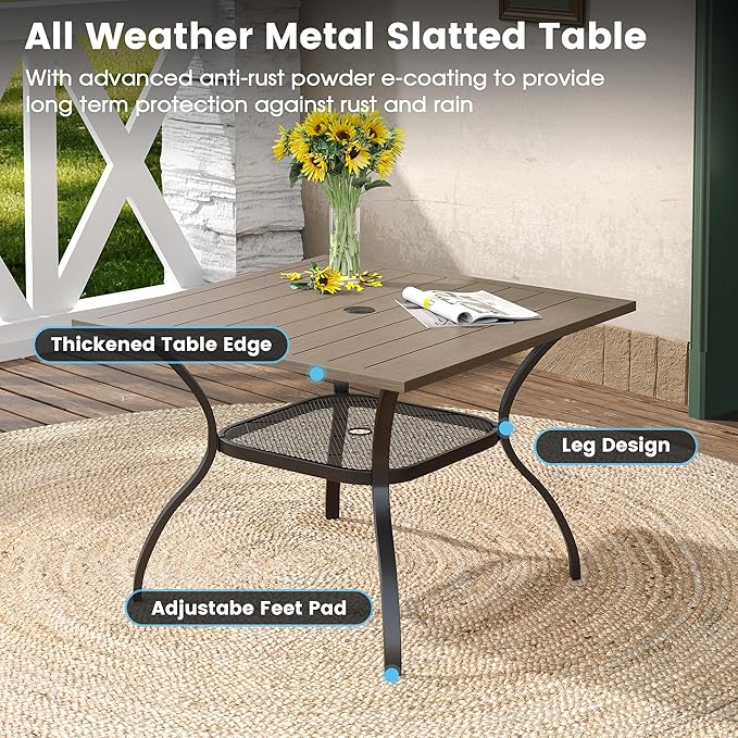DIFY 5 Pieces Outdoor Patio Dining Set for 4, 37.8" Grey Wood-Like Metal Square Dining Table and 4 Grey Textilene Patio Swivel Chairs, Outdoor Table and Chairs