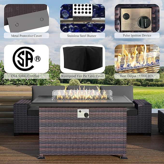 10 Pieces Outdoor Patio Furniture Set Outdoor Furniture Patio Sectional Sofa Conversation Sets w/ETL Approved 45" Gas Outdoor Fire Table & Coffee Table, Swivel Rocking Chair (Grey)