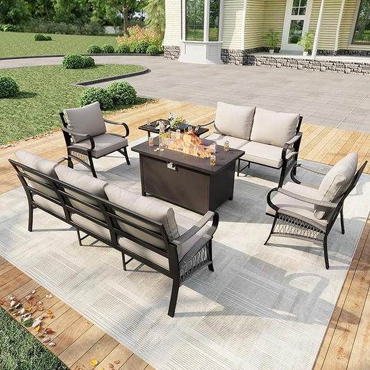 6 Pieces Outdoor Patio Conversation Sets with All Weather Cushions, Metal 3-Seater, 2 Single Chairs, 1 Loveseat, 1 Coffee Table, 1 Fire Pit Table for Backyard Deck Porch Poolside, Beige