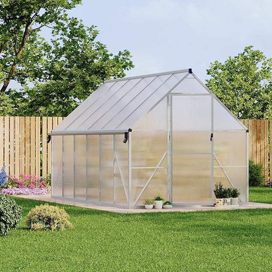 8X12 ft Polycarbonate Greenhouse with Aluminum Frame, Polycarbonate Greenhouse for Outdoors, Greenhouses with Ventilation and Rain Gutter, Aluminum Large Walk-in Greenhouses for Outside