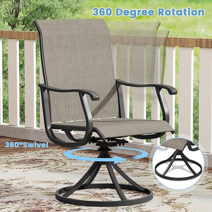 DIFY 5 Pieces Outdoor Patio Dining Set, 4 Brown Textilene Swivel Dining Chairs and 41.7" Walnut Round Dining Table with Faux Wood Top, Outdoor Table and Chairs