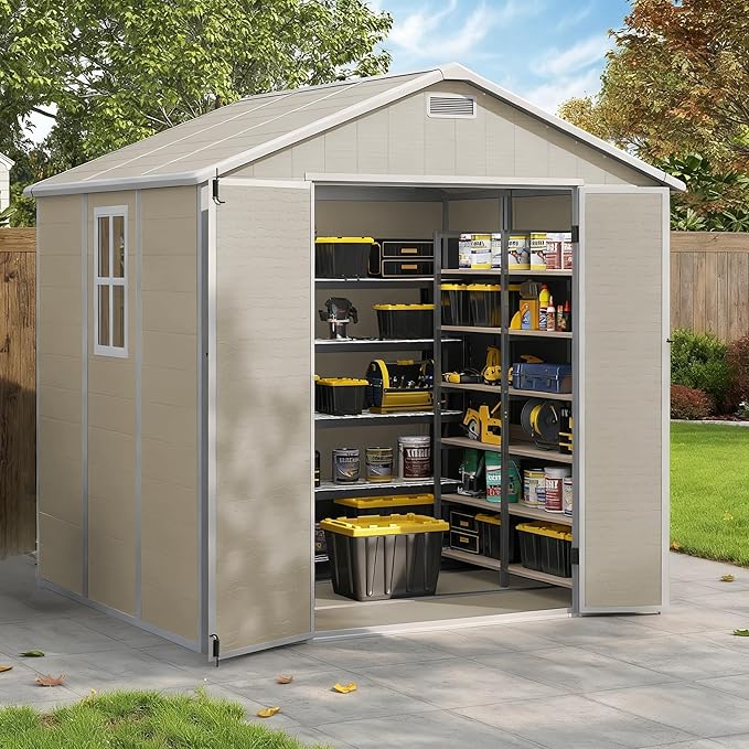 Outdoor Shed 5x3/6x4/7x7/8x6/8x10/8x12 FT, 15MM Thick PP Resin Plastic Shed with Lockable Door & Floor - Waterproof Plastic Tool Shed for Bike, Garbage Can, Backyard, Patio ﻿ ﻿ (Light Brown, 8x6FT)