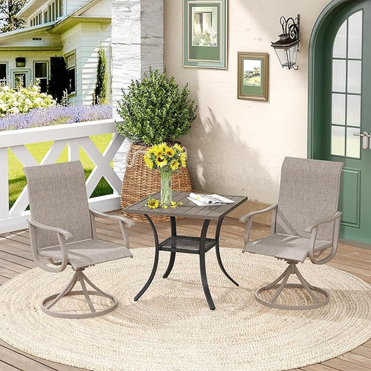 DIFY 3 Pieces Outdoor Patio Dining Set for 2, 27.6" Small Square Metal Dining Table and 2 Sandshell Textilene Swivel Dining Chairs, Outdoor Table and Chairs