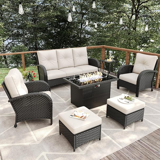 7 Pieces Patio Furniture Sets with Fire Pit Table, Wicker Rattan High Back Outdoor Armchairs Set with 3-Seat Couch, Ottomans and Side Table